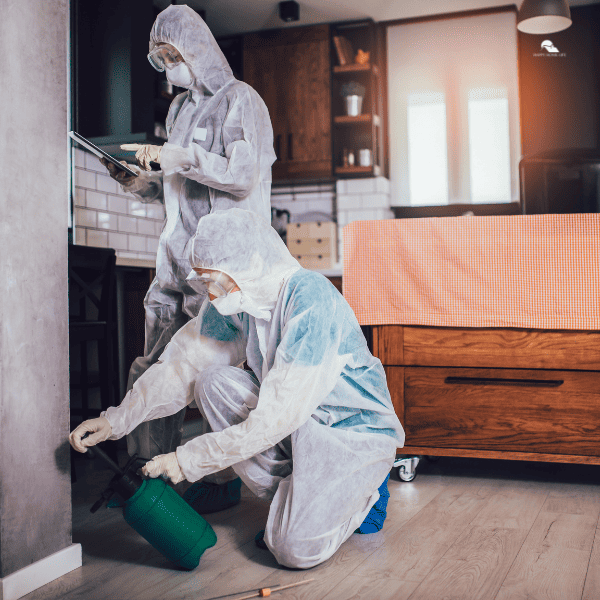 two people disinfecting or pest control the apartment