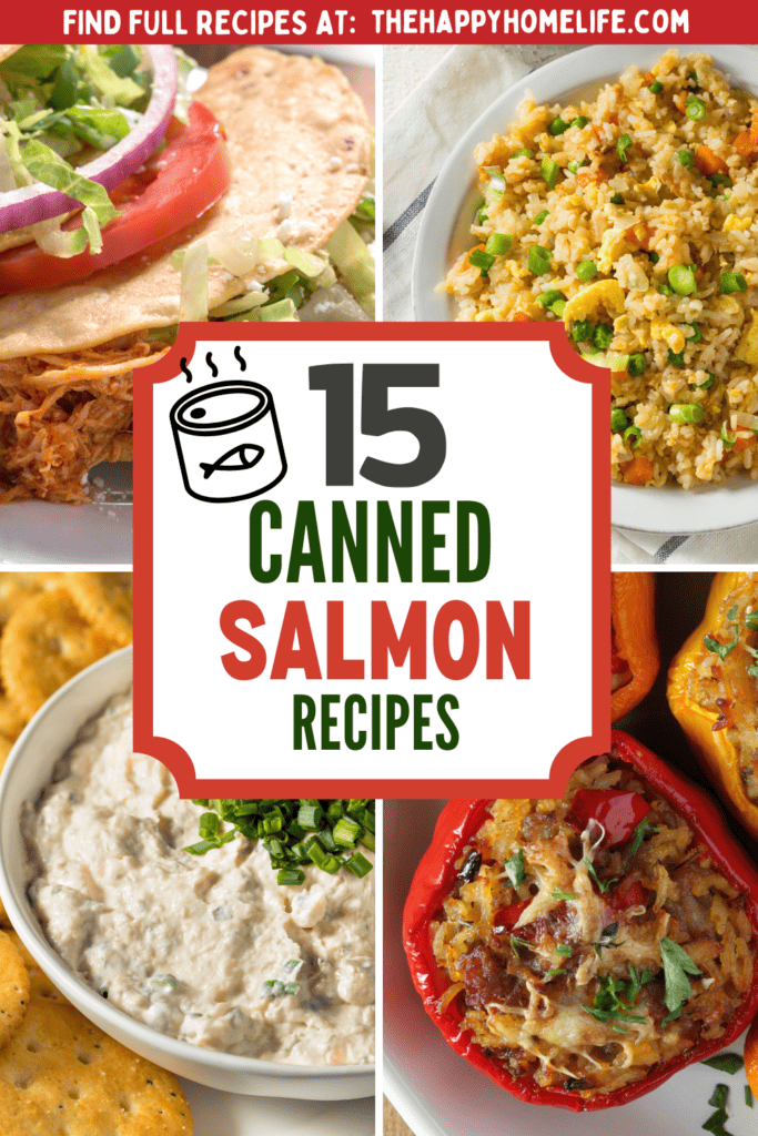 A collage image of Salmon Recipes Canned with overlay text.