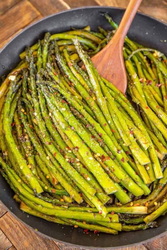 honey garlic roasted asparagus in pan