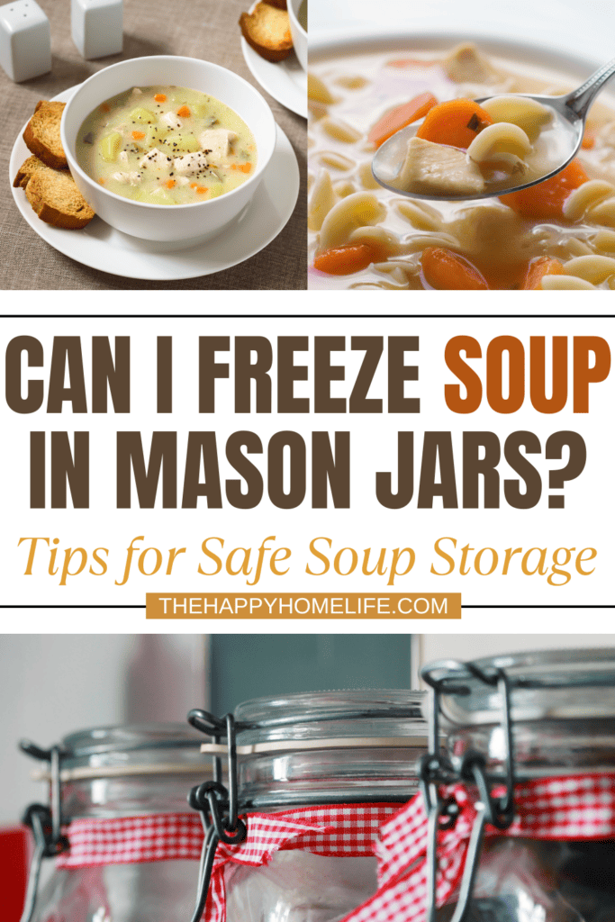 a collage image of soups and jars with text: "Can I Freeze Soup in Mason Jars: Tips for Safe Soup Storage"