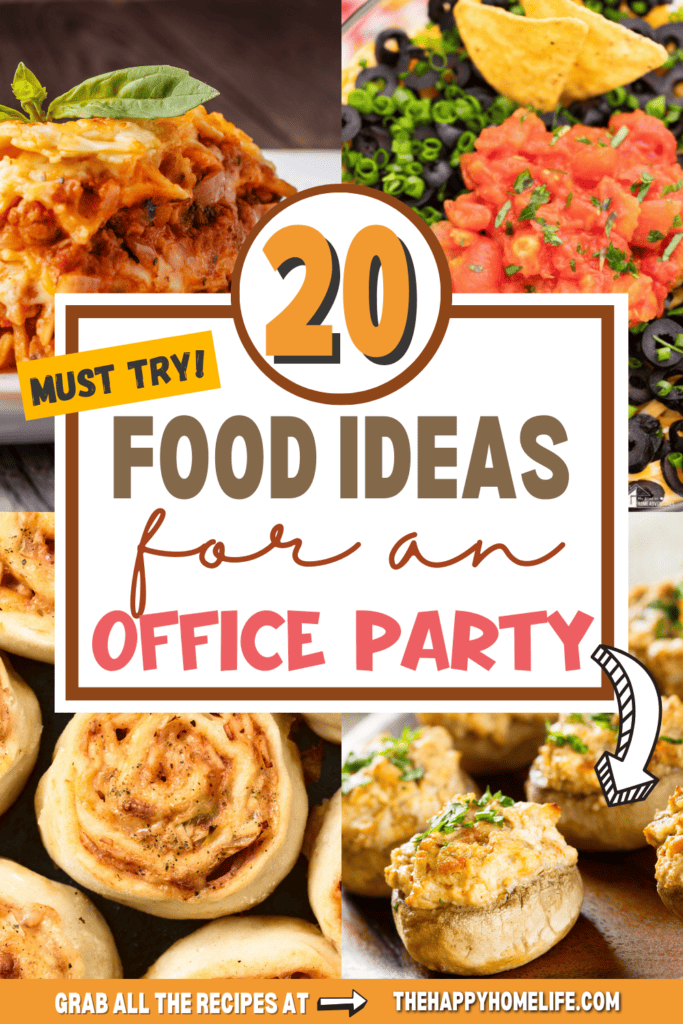 collage image of food ideas of an office party with text