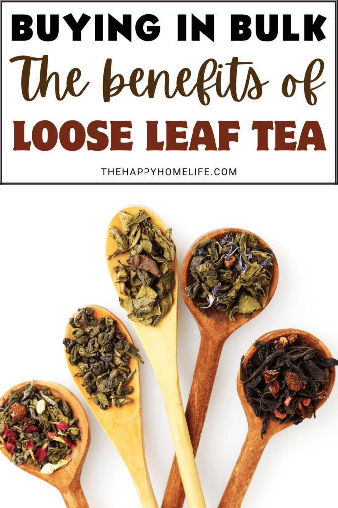 Different Varieties of Loose Leaf Tea on Wooden Spoons with text: "Different Varieties of Loose Leaf Tea on Wooden Spoons"