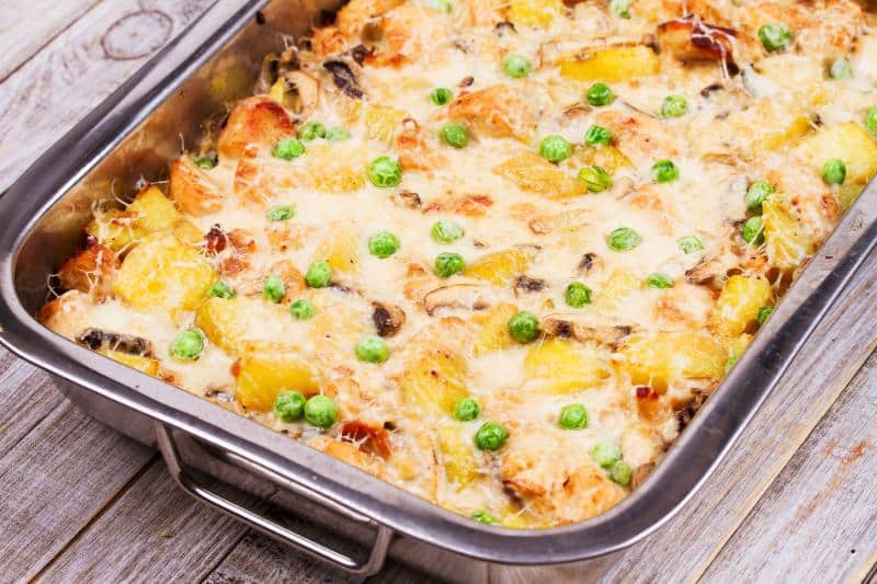 chicken casserole made with potatoes and mushrooms