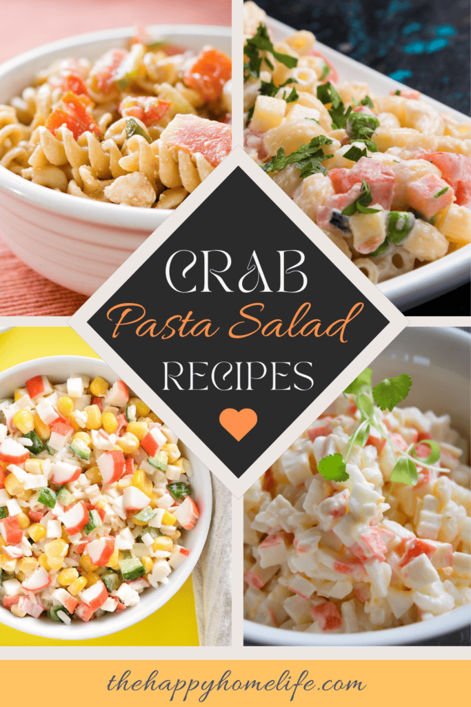A pinterest image of crab pasta salad recipes in the background with the text - Crab Pasta Salad Recipes. The site's link is also included in the image.