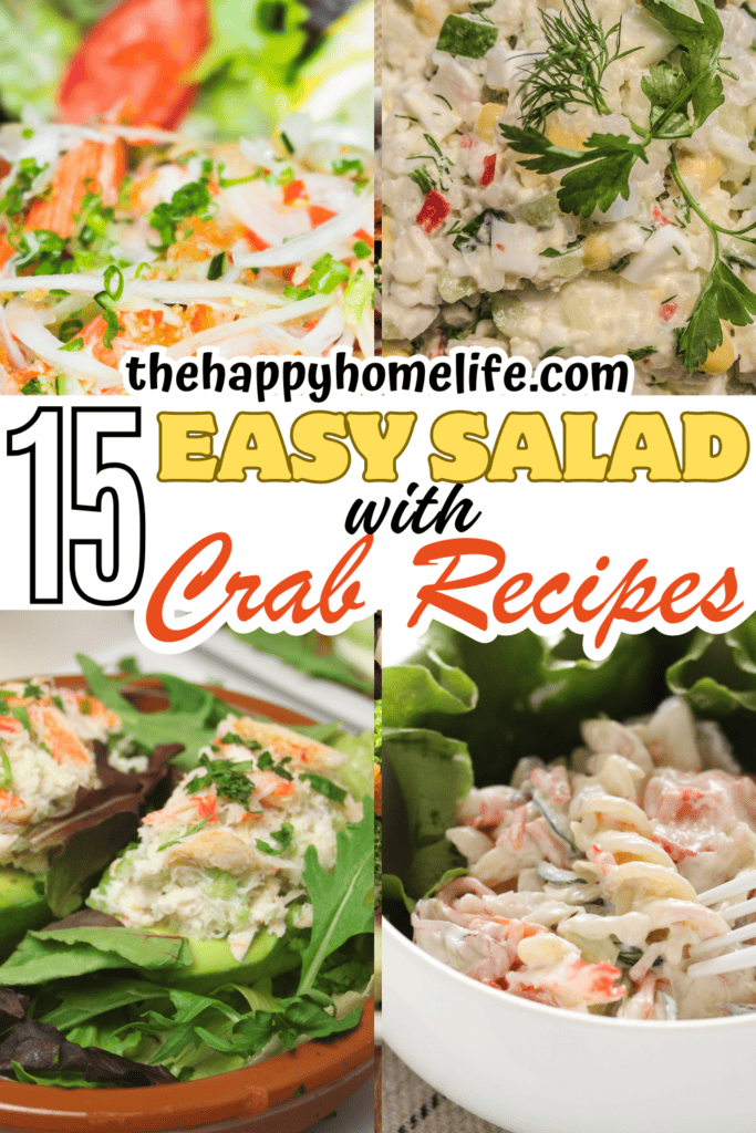 Collage image of salad with crab recipes with overlay text