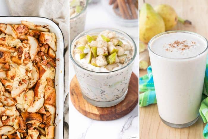 collage of breakfast recipes made with pears - french toast, overnight oats, and a smoothie