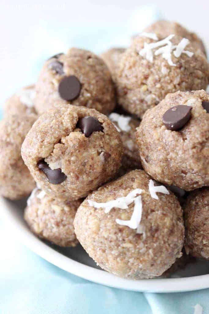 protein balls made with oatmeal, coconut, chocolate chips, and other ingredients