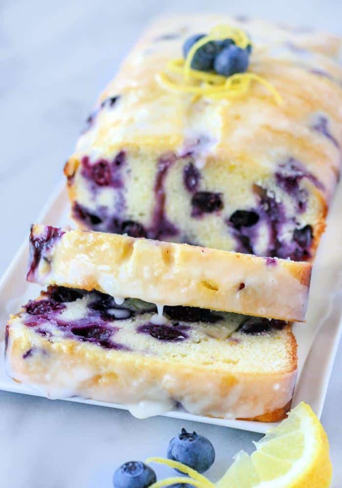 lemon blueberry bread with two slices cut off