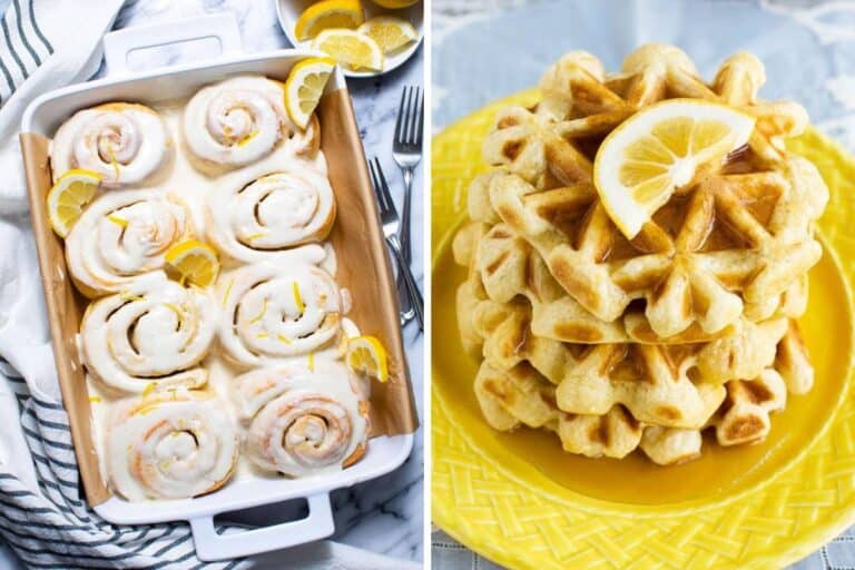collage of lemon sweet rolls and lemon waffles