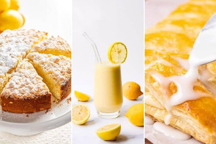 collage of lemon breakfast recipes - breakfast cake, smoothie, and pastry