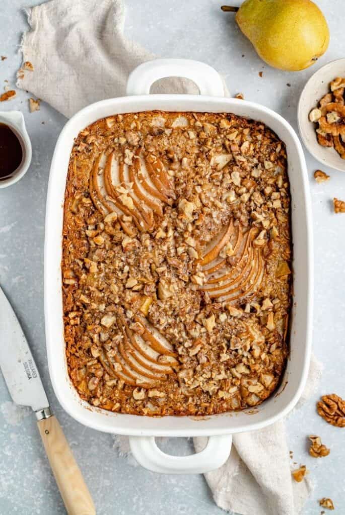 pear baked oatmeal in white casserole dish