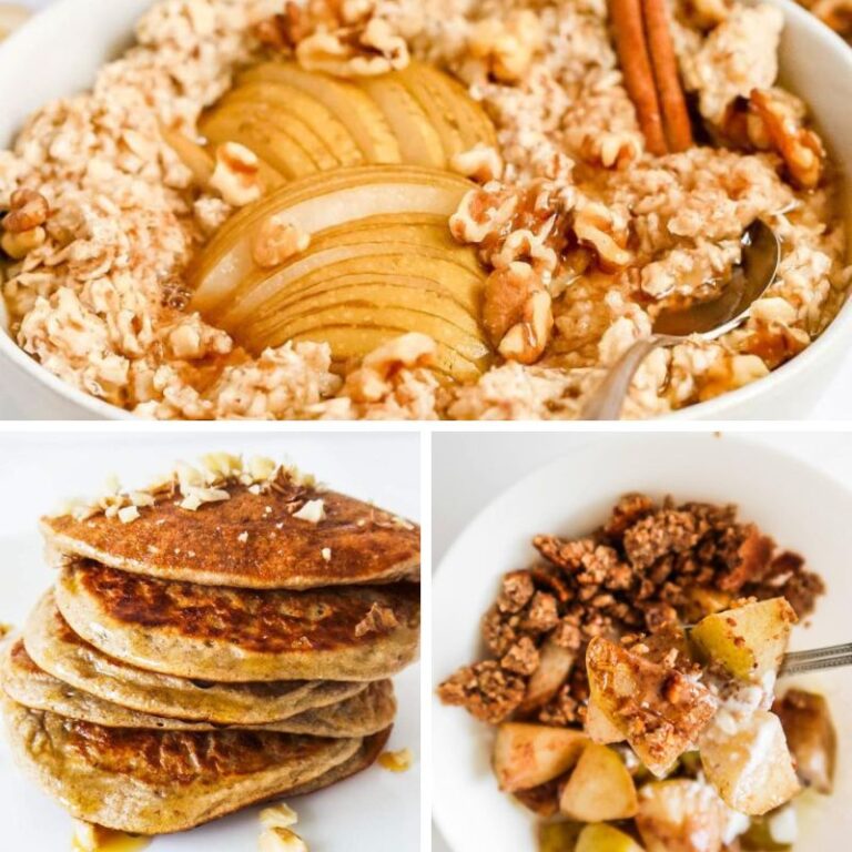 pear breakfast recipes collage with 3 different meals - oatmeal, pancakes, and crumble
