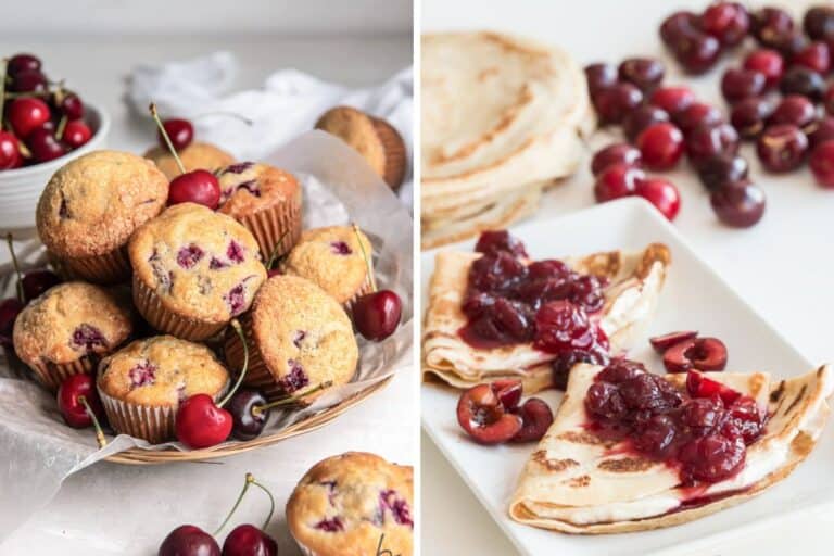 collage image of cherry muffins on the left and cherry crepes on the right