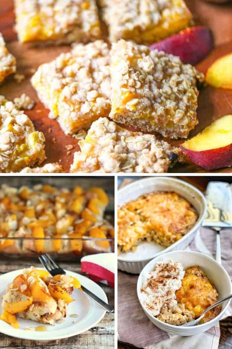collage of 3 peach breakfast recipes - oatmeal bars, french toast, and baked oatmeal