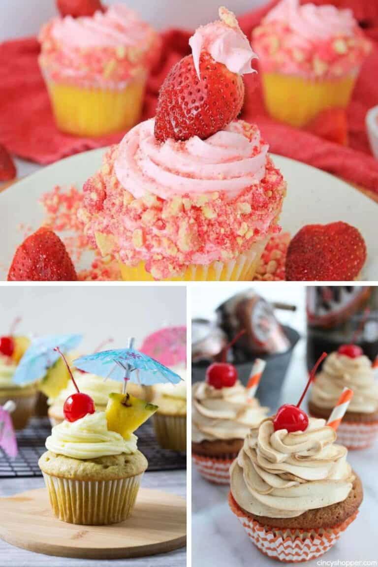 collage of 3 summer themed cupcakes - strawberry shortcake, pina colada, and root beer flavors