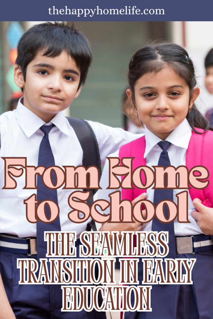 Two young school children in uniforms stand side by side with backpacks, smiling confidently before entering school.