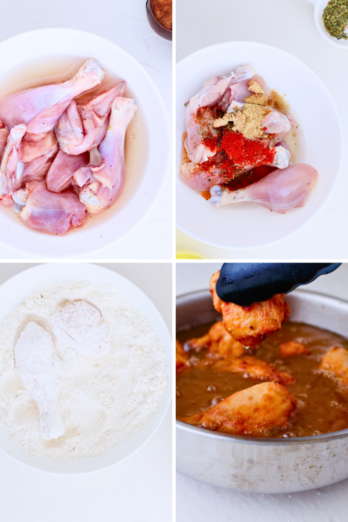 Step-by-step process of making crispy fried chicken showing raw chicken brining, marinating with spices, coating in flour, and frying in hot oil until golden brown.