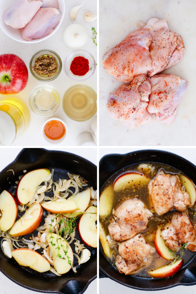 Step-by-step collage showing ingredients, seasoned chicken thighs, sautéing apples and onions, and simmering chicken in a skillet.