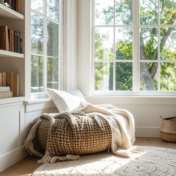 A sunlit reading nook with a knitted pouf, blanket, and pillows beside a large window overlooking green trees.