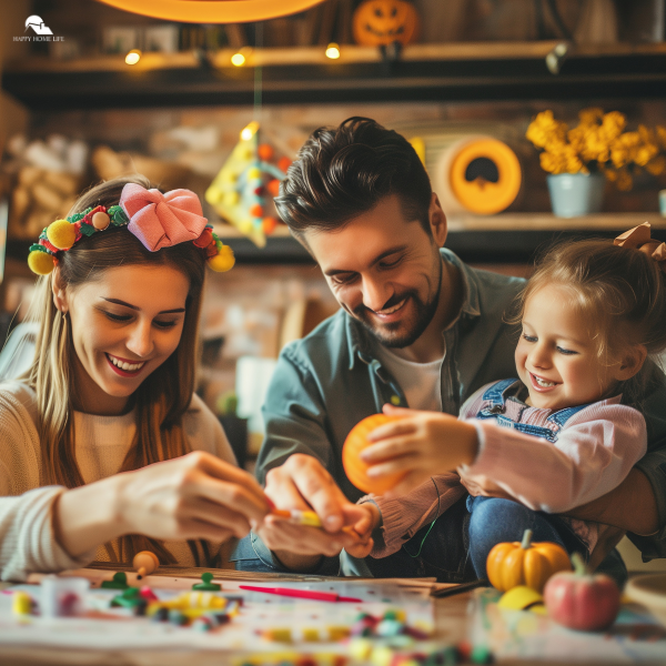 A smiling family doing crafts together, representing intentional moments that support a happier home in a structured weekly plan.