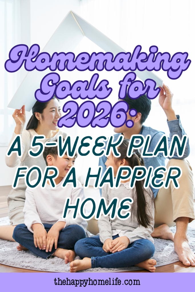 A cheerful family sitting on the floor with a roof prop overhead, symbolizing a goal-focused approach to creating a happier home in 2026.